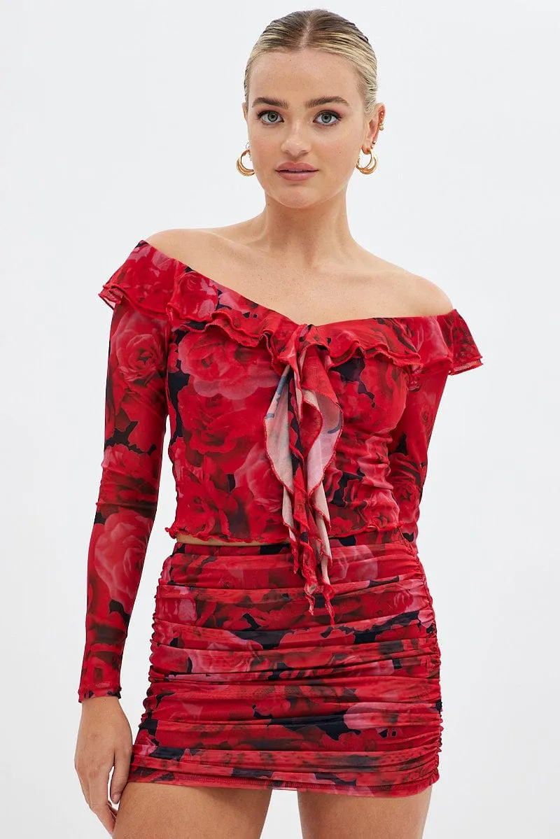 Red Floral Mini Skirt Side Ruched Mid Rise Mesh Minimalist Style Convertible Style