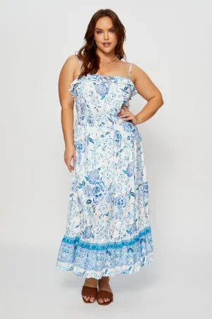 Tea Garden Boho Print Maxi Dress Square Neck Short Sleeve