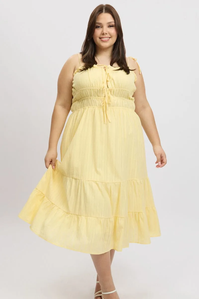 Yellow Midi Dress Sleeveless Tie Front Tiered Textured Classic Charm