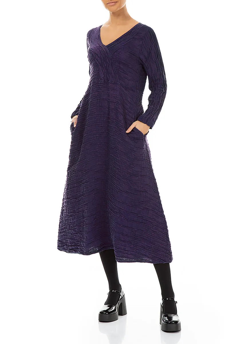 OrganicCotton slow life V-Neck Royal Purple Crinkled Silk Linen Dress