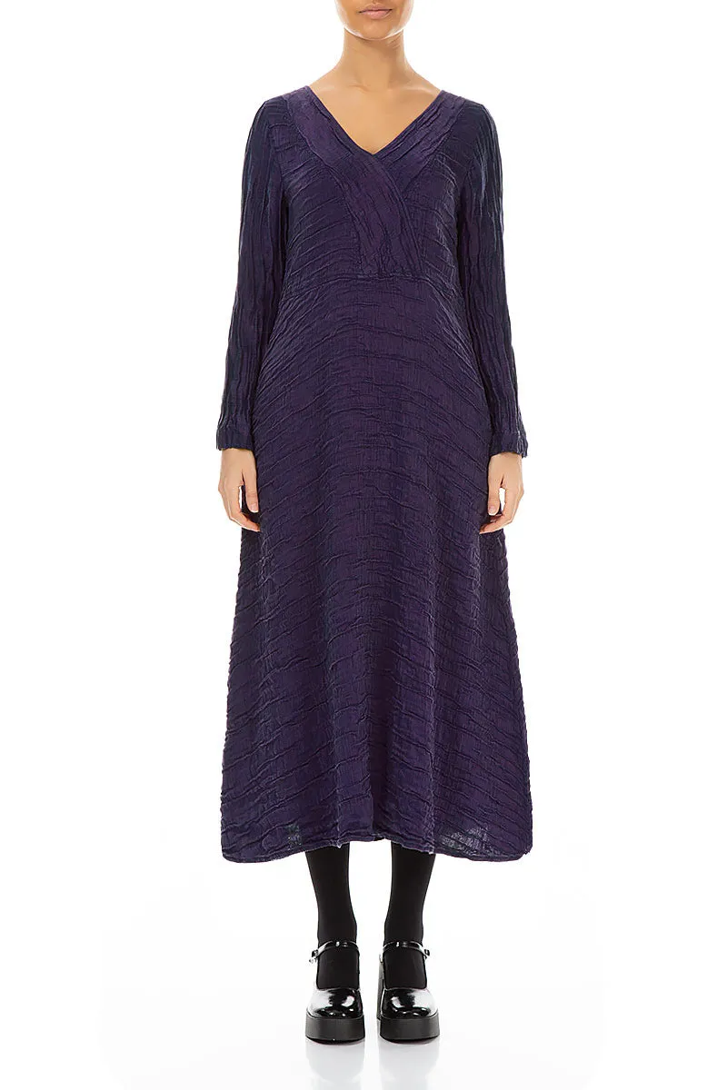 V-Neck Royal Purple Crinkled Silk Linen Dress Layer Safe Trendy Outerwear