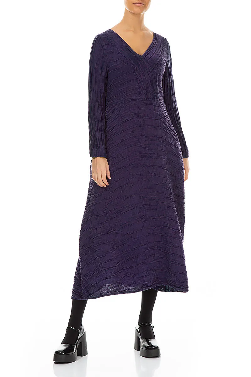 V-Neck Royal Purple Crinkled Silk Linen Dress Casual Comfort