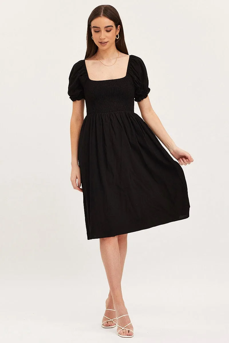 Black Mini Dress Short Sleeve Square Neck Zigzag Stitch Reinforcement City Cool