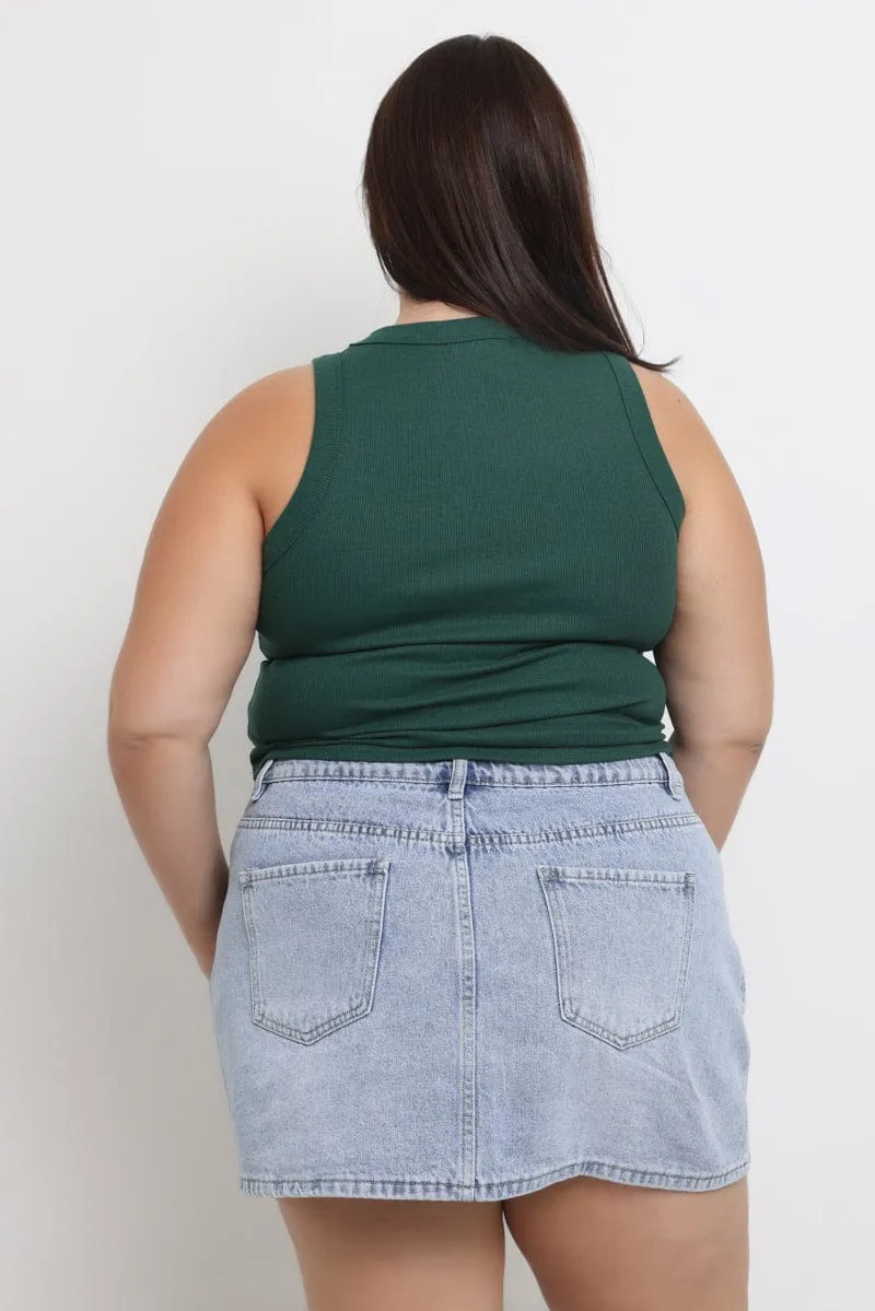 Green Tank Top Crew Neck Rib MultiPurposePockets