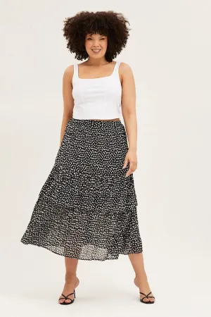 Soft Aesthetic Quilted Texture Geo Print Midi Skirt Ruffle Hem