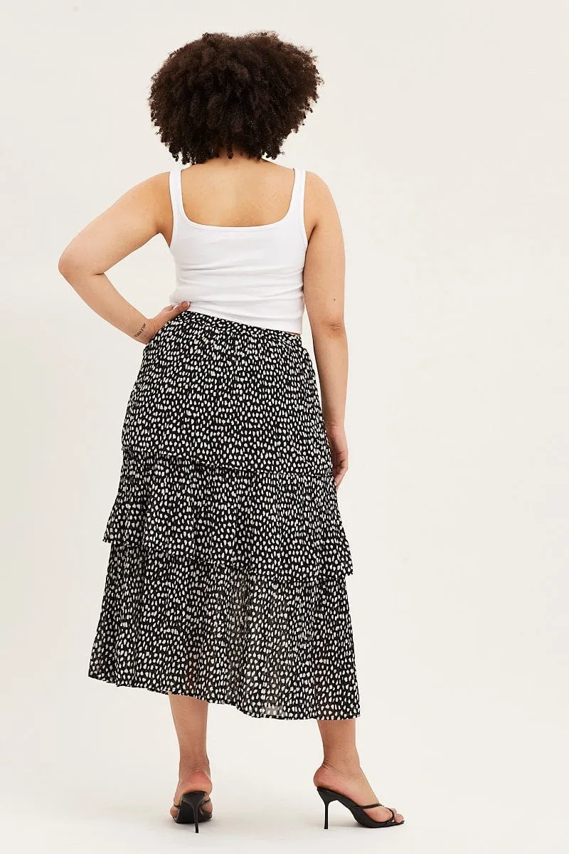 Geo Print Midi Skirt Ruffle Hem Vibrant color