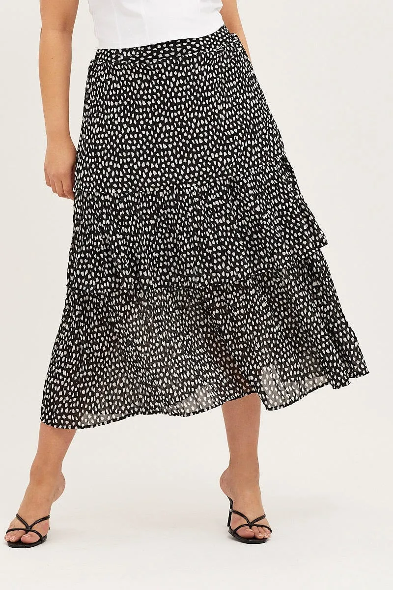 Geo Print Midi Skirt Ruffle Hem Layered Hem Easy Comfort