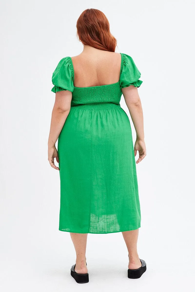 Fern Shirred Short Sleeve Linen Blend Midi Dress Polished Design