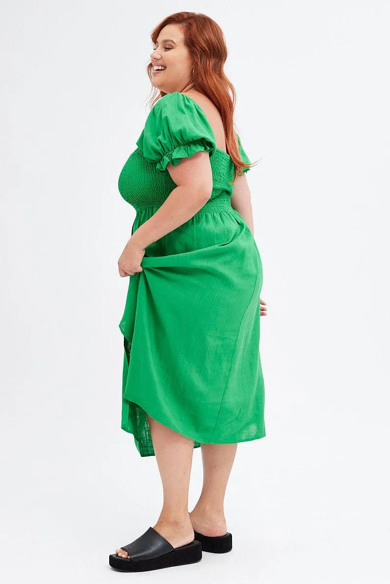 High-waisted midi dress Fern Shirred Short Sleeve Linen Blend Midi Dress