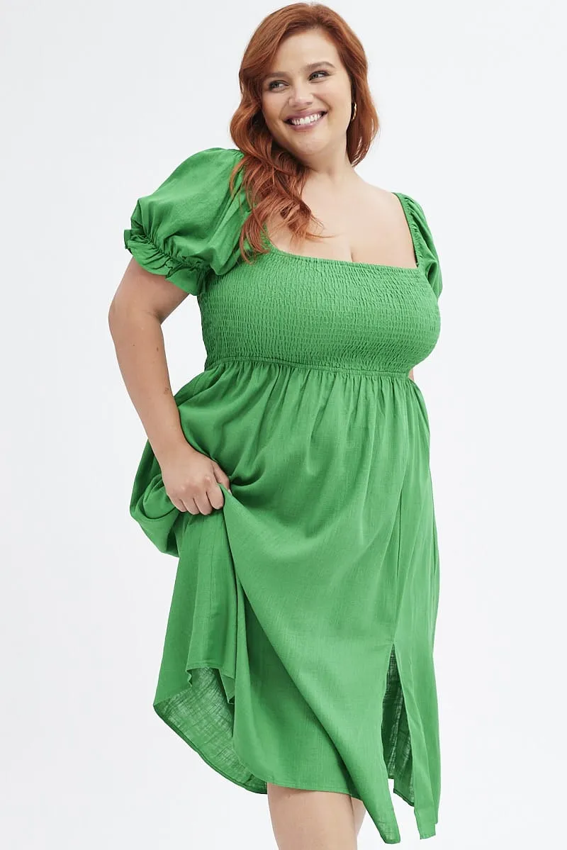 Quick Layer Fern Shirred Short Sleeve Linen Blend Midi Dress