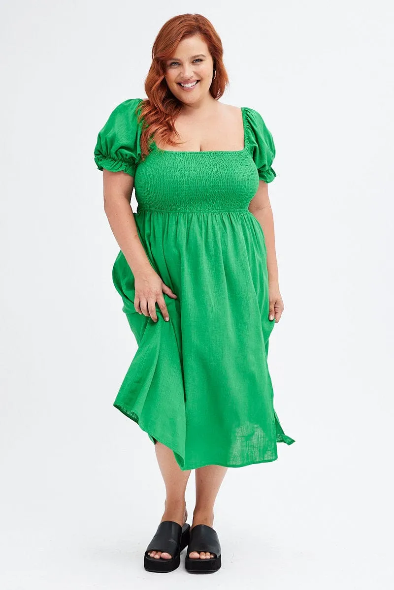 Fern Shirred Short Sleeve Linen Blend Midi Dress Sophisticated Wear