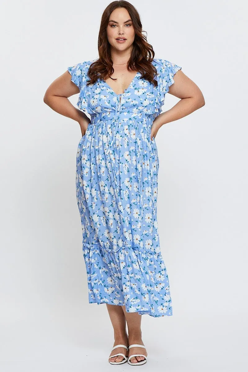 Nordic Edge Floral Print Maxi Dress V-neck Short Sleeve