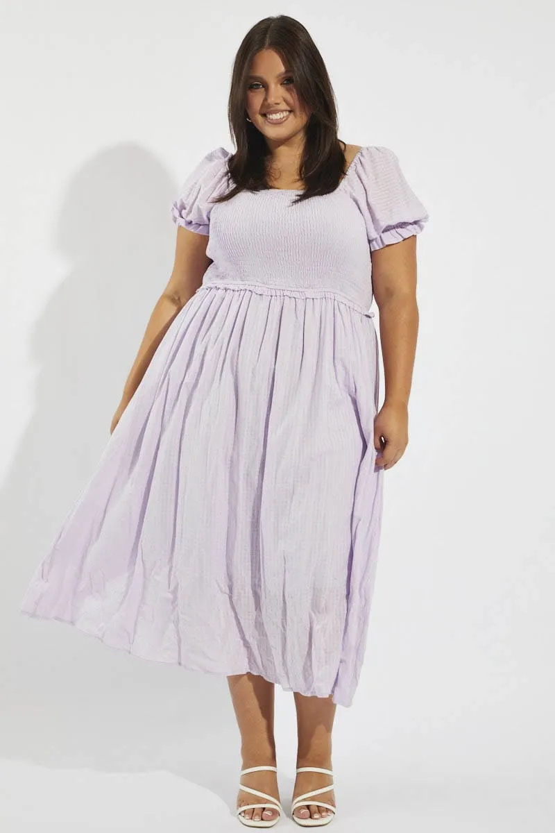 Versatile midi dress with pockets Classic Charm Purple Midi Dress Short Sleeve Shirred
