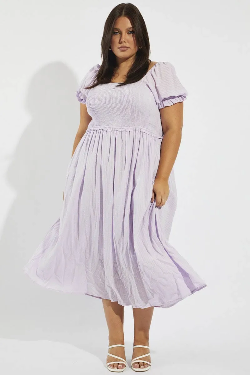 Feminine fit-and-flare style Soft Flow Purple Midi Dress Short Sleeve Shirred