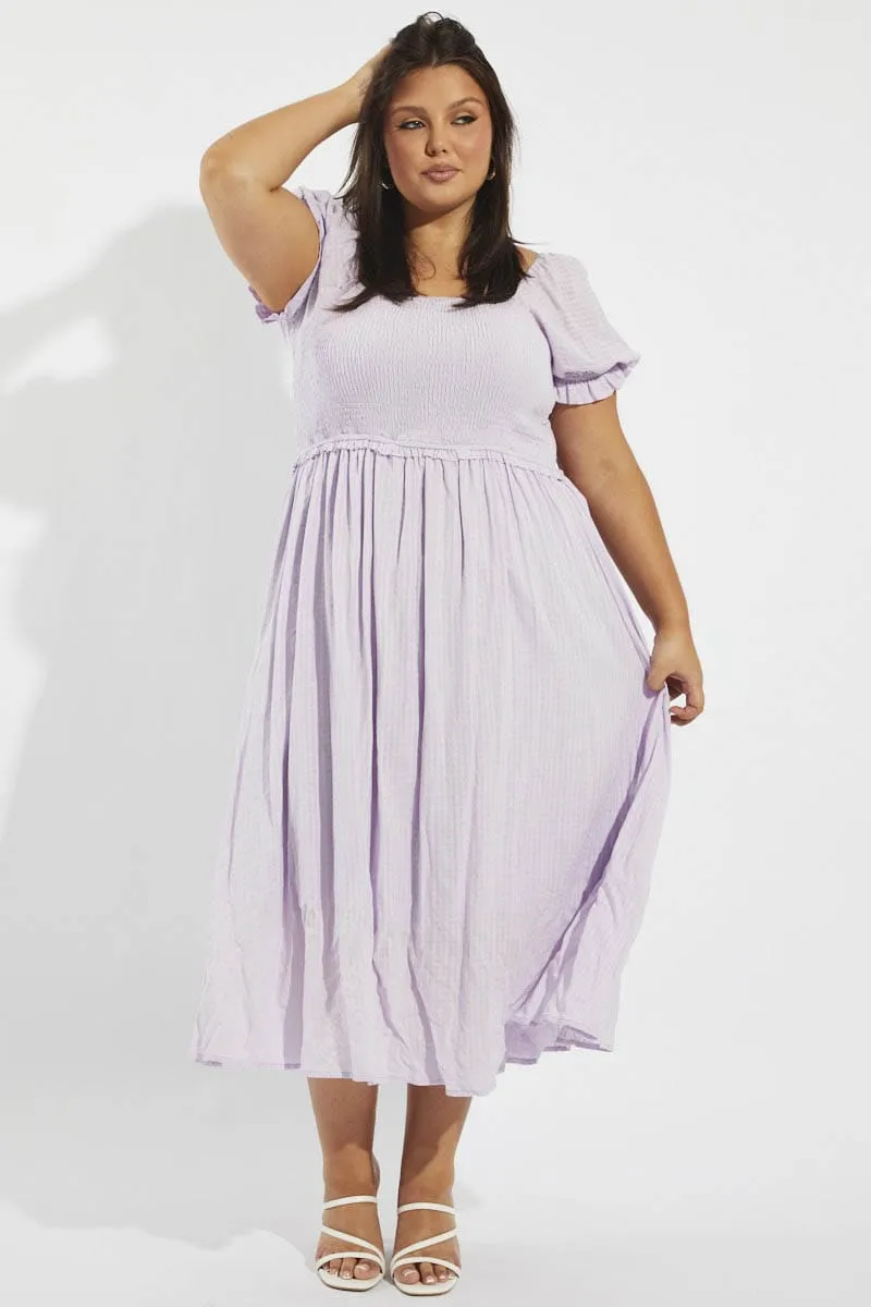 Purple Midi Dress Short Sleeve Shirred Classic event dress