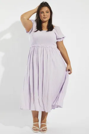 Purple Midi Dress Short Sleeve Shirred Classic event dress