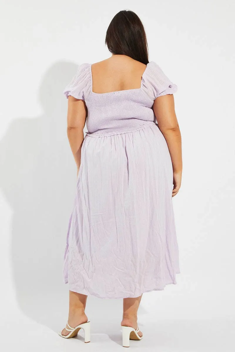 Feminine casual piece Street Chic Purple Midi Dress Short Sleeve Shirred