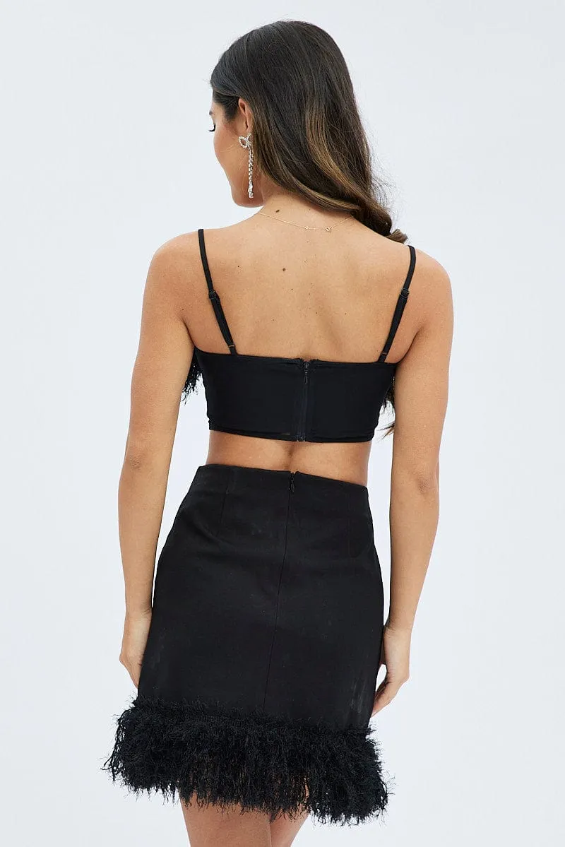 Thermoregulating Fabric Black Faux Feather Trim Bodycon Mini Skirt