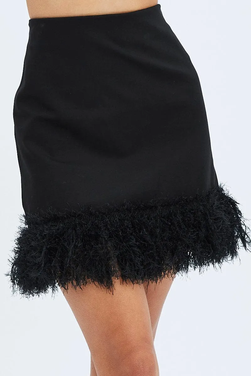 All Day Look Black Faux Feather Trim Bodycon Mini Skirt
