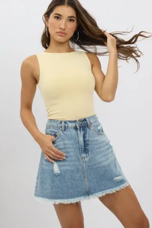 Denim Mini Skirt High Waisted Frayed Hem Distressed Draped Design
