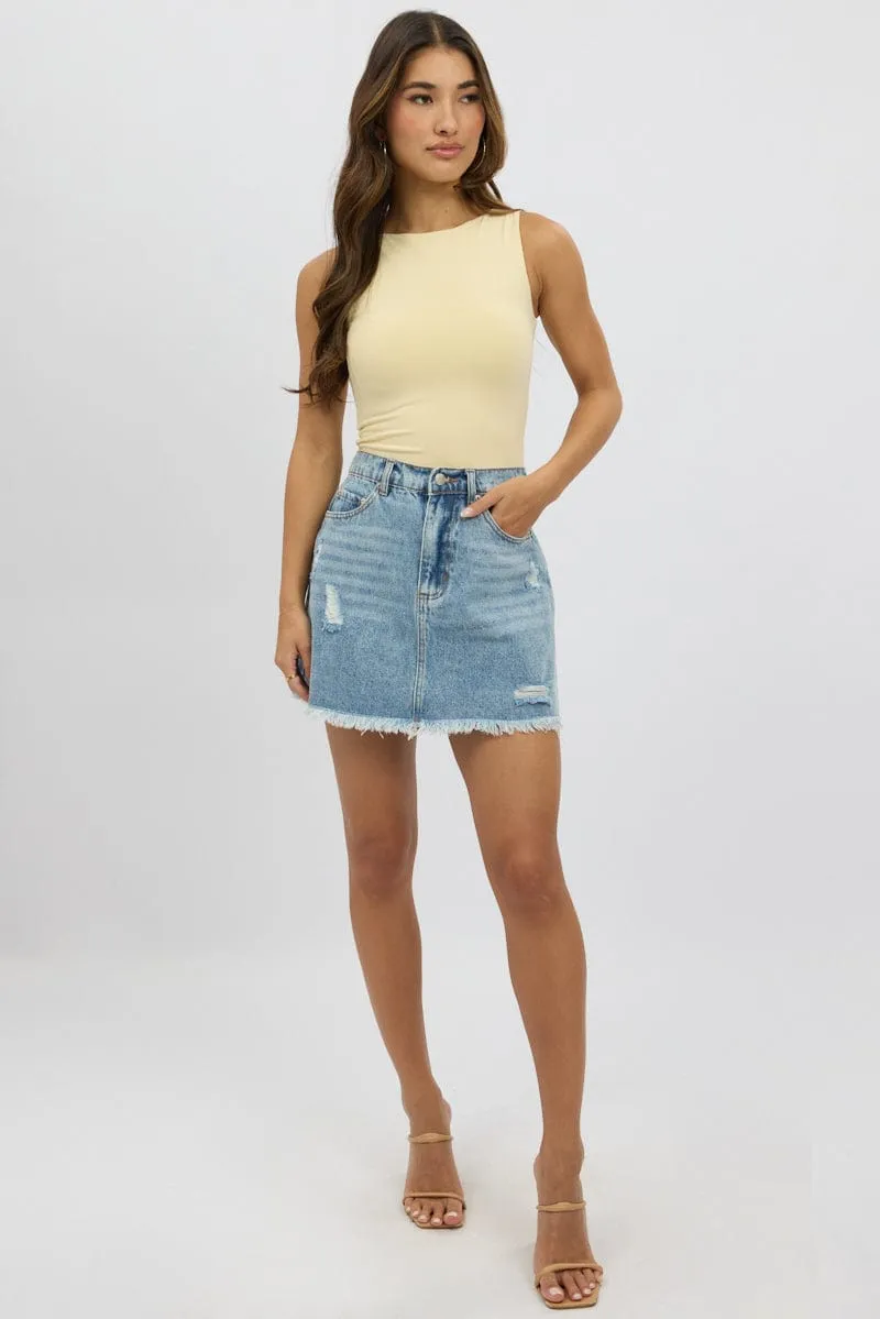 Denim Mini Skirt High Waisted Frayed Hem Distressed Soft Lining Soft Finish