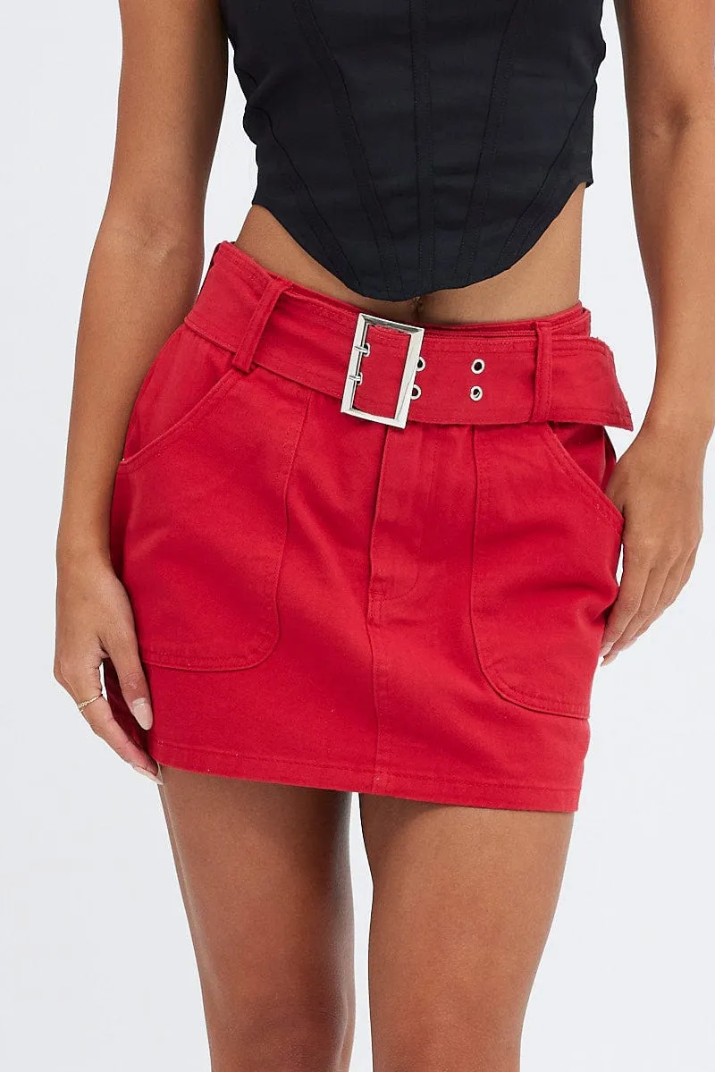 Red Mini Skirt Low Rise Belted Cotton Blend All Day Minimalist Layering