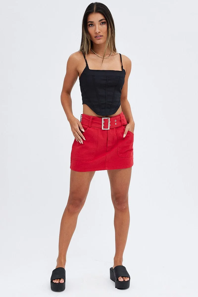 Minimal Vibe Double Layer Red Mini Skirt Low Rise Belted Cotton Blend