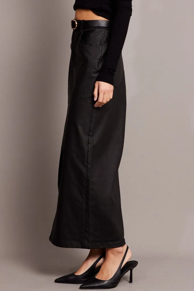 Refined Finish Smart Texture Black Midi Skirt High Rise Coated Fabric