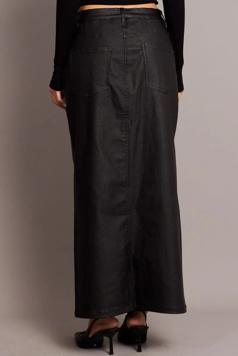 Black Midi Skirt High Rise Coated Fabric High End Quality