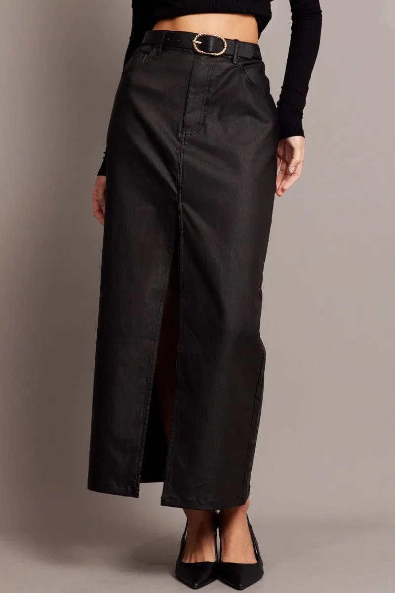 Black Midi Skirt High Rise Coated Fabric Smooth Cut Style Preview
