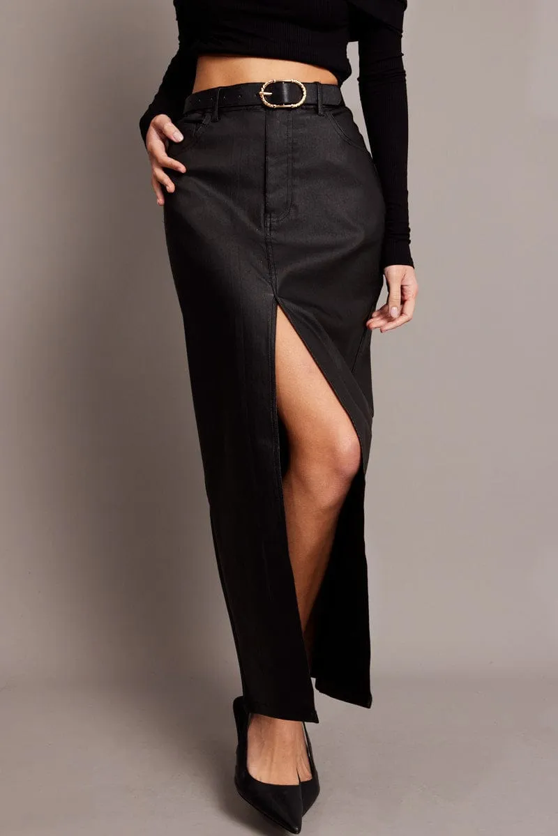 Midi length Iconic Style Black Midi Skirt High Rise Coated Fabric