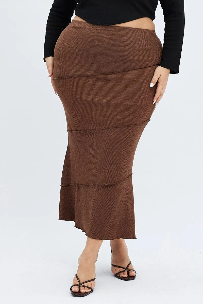 Brown Maxi Skirt Asymmetric Rib Statement Color