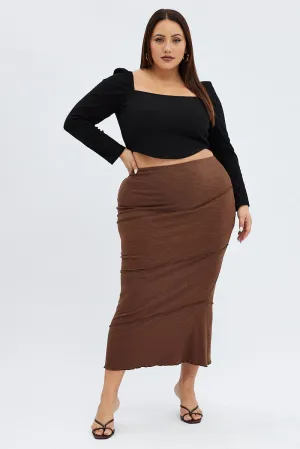 Brown Maxi Skirt Asymmetric Rib Street Attire Flexible Material