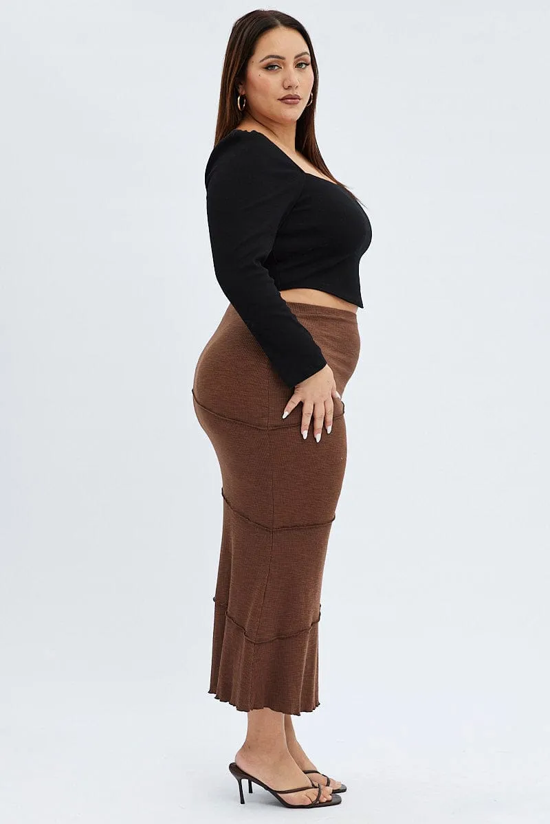 Brown Maxi Skirt Asymmetric Rib Full Circle