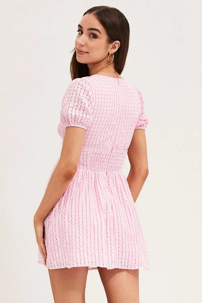 Check Skater Dress Short Sleeve Mini V Neck Trend Base Comfortable Pants