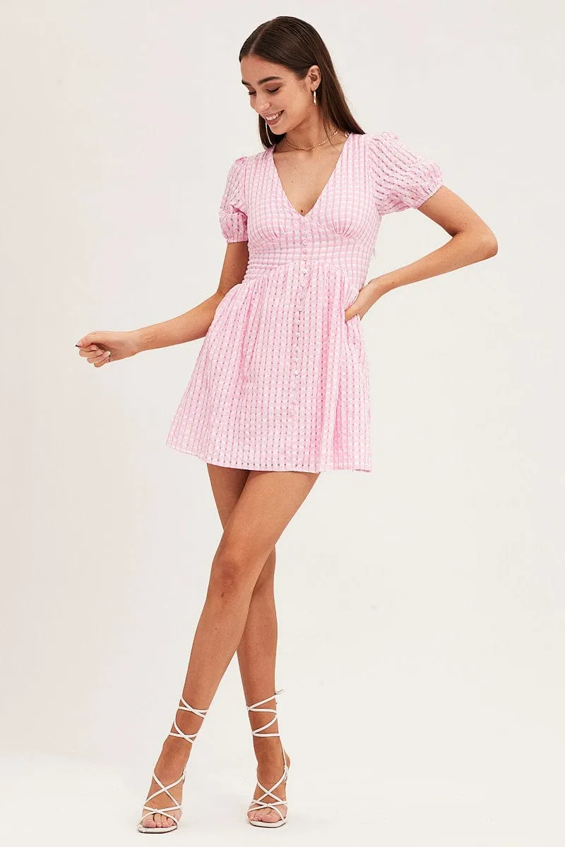 Soft Inner Lining Check Skater Dress Short Sleeve Mini V Neck