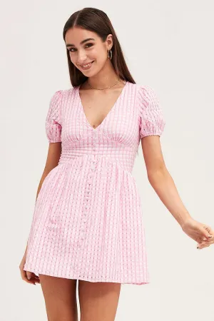 Check Skater Dress Short Sleeve Mini V Neck Office Mood