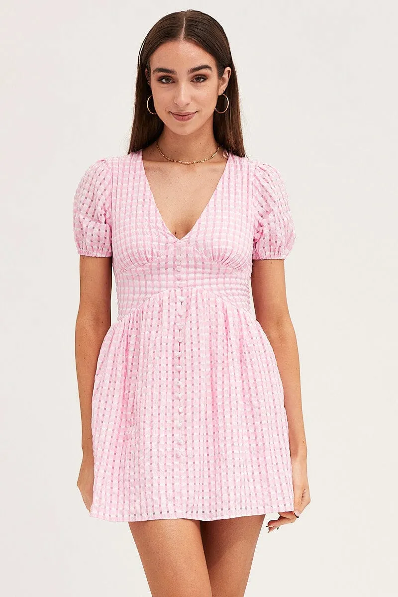 Adjustable Hem Check Skater Dress Short Sleeve Mini V Neck