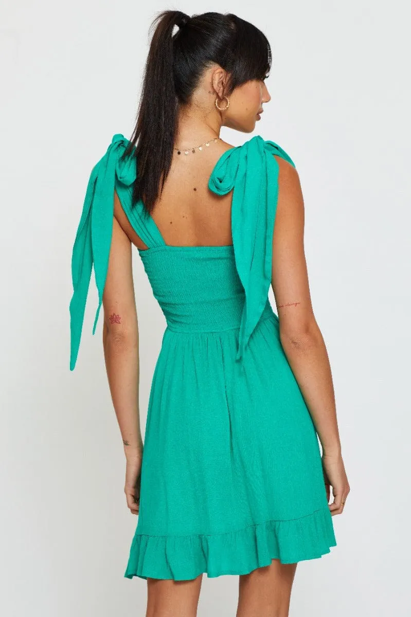 Green Fit And Flare Dress Sleeveless Tie Shoulder Frost Glow Sporty Style