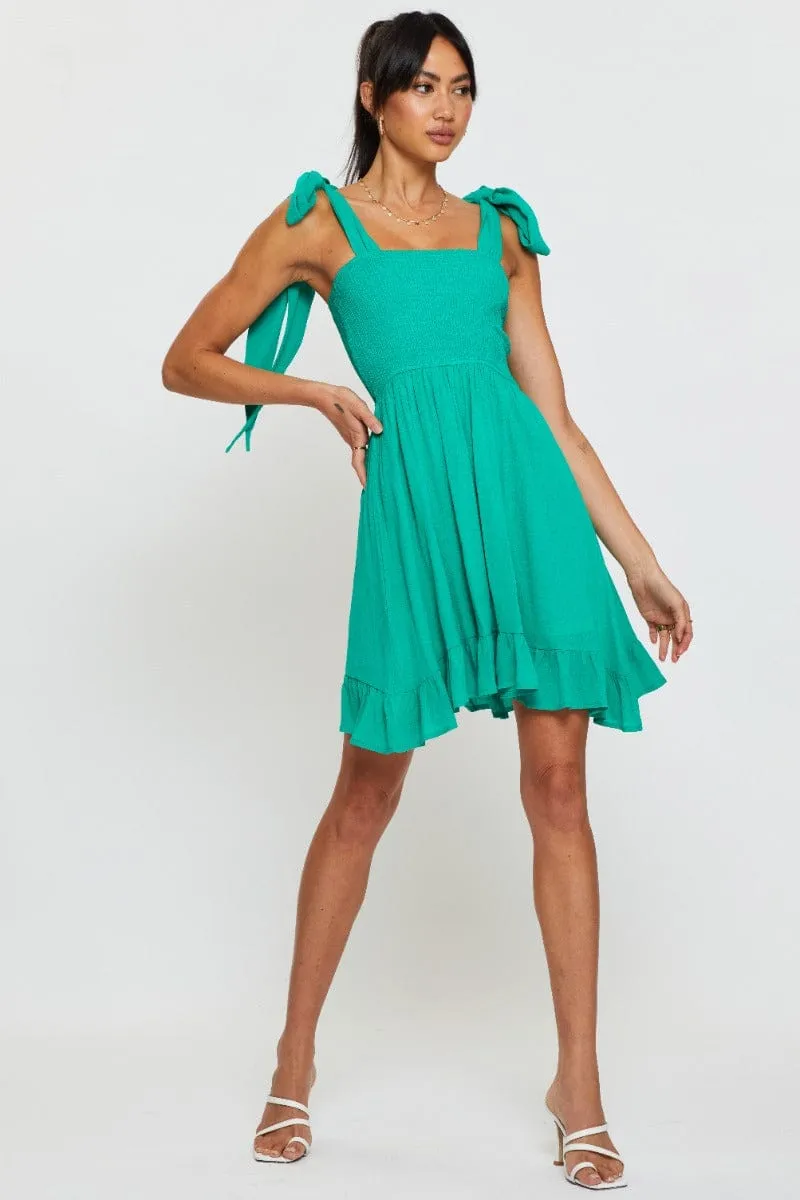 Green Fit And Flare Dress Sleeveless Tie Shoulder ButterySoftTexture Outdoor Fashion