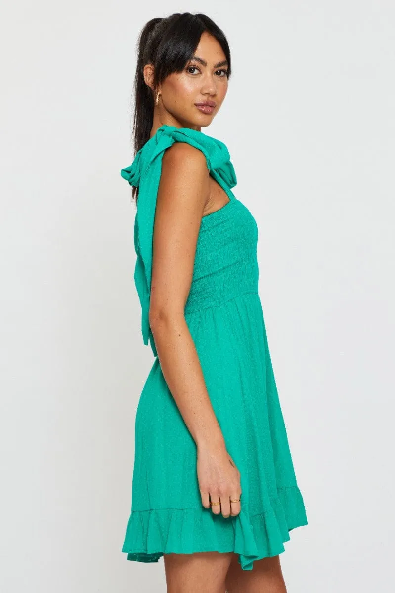 Green Fit And Flare Dress Sleeveless Tie Shoulder Team Vibe