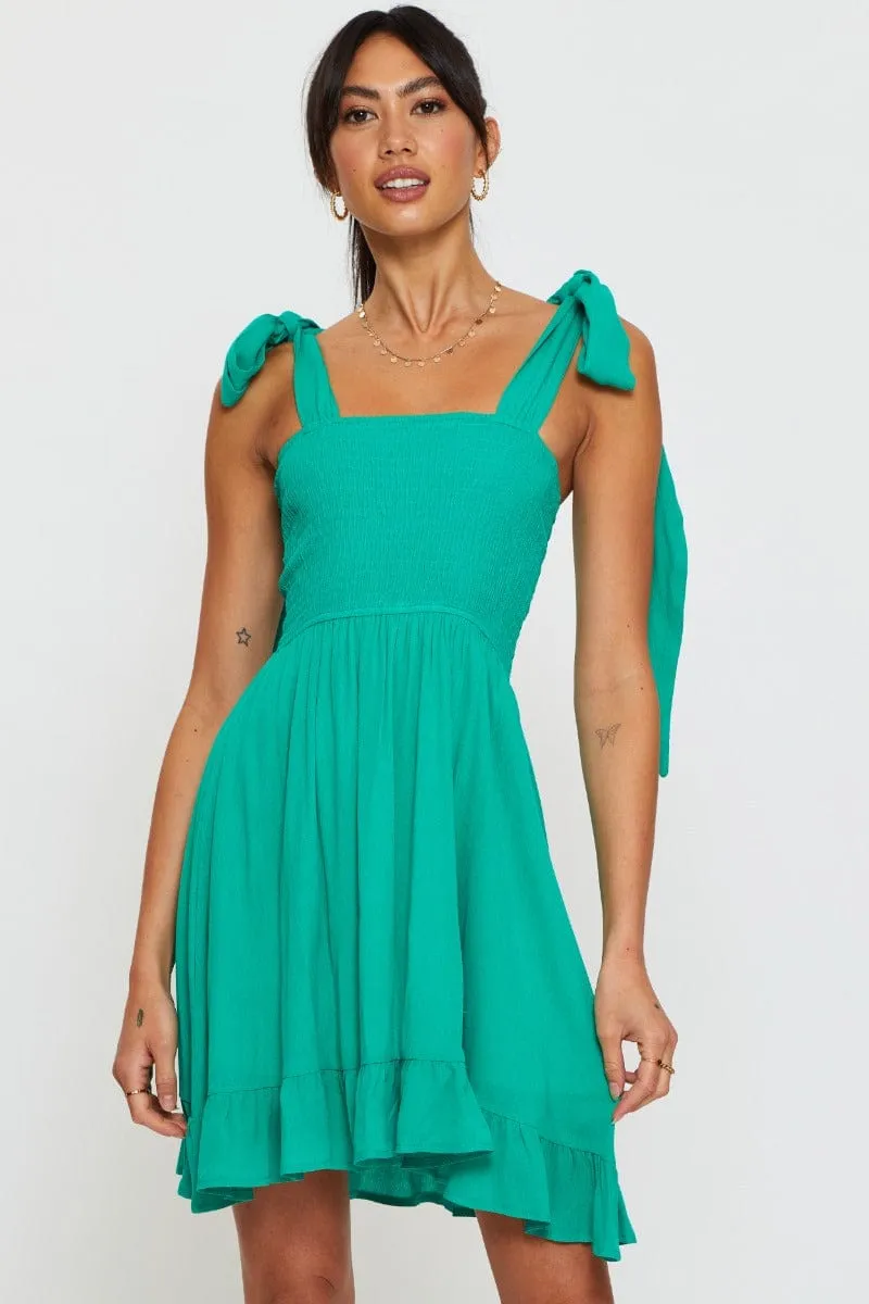 FoldableDesign FadeResistant Green Fit And Flare Dress Sleeveless Tie Shoulder