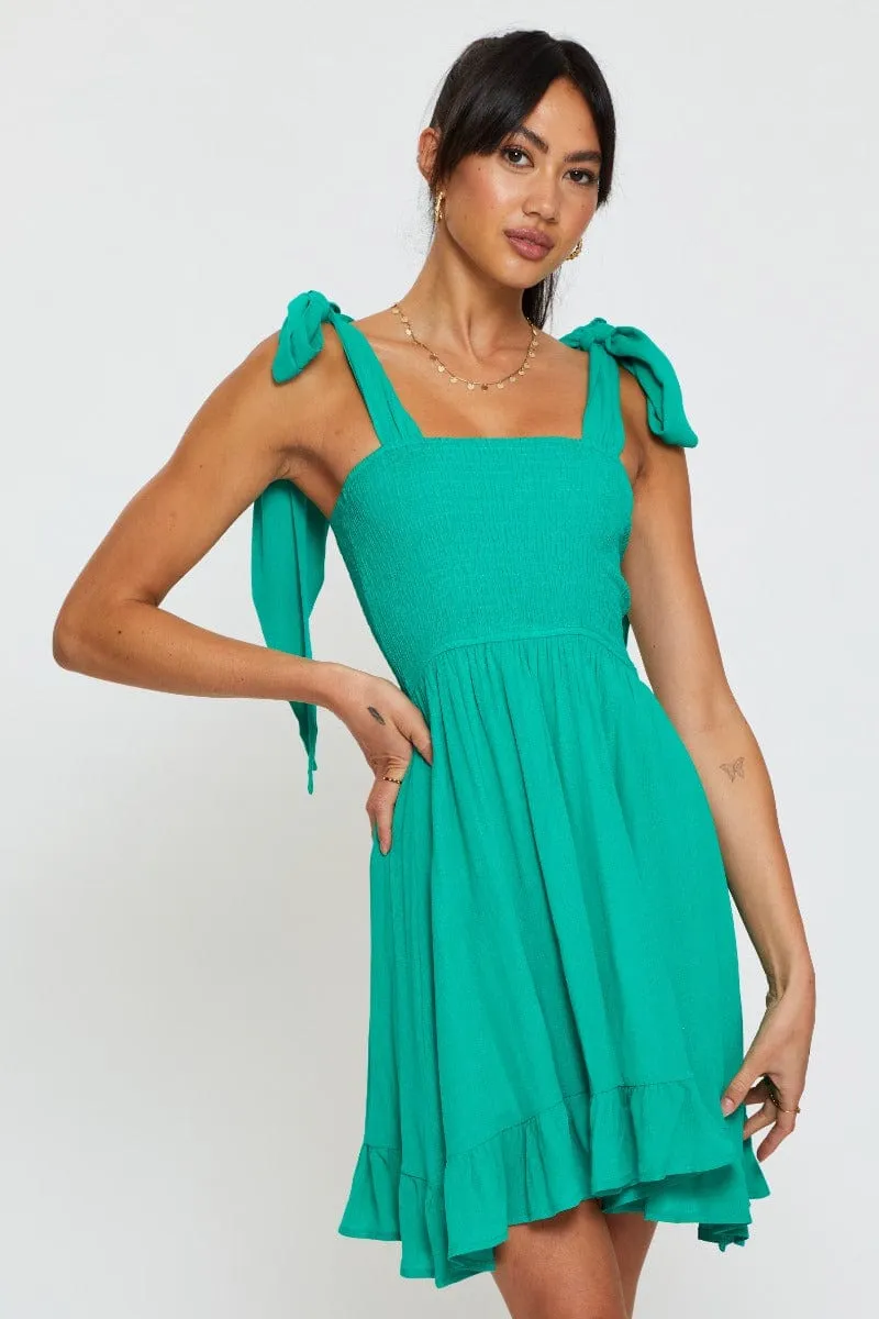 TumbleDry Safe Green Fit And Flare Dress Sleeveless Tie Shoulder