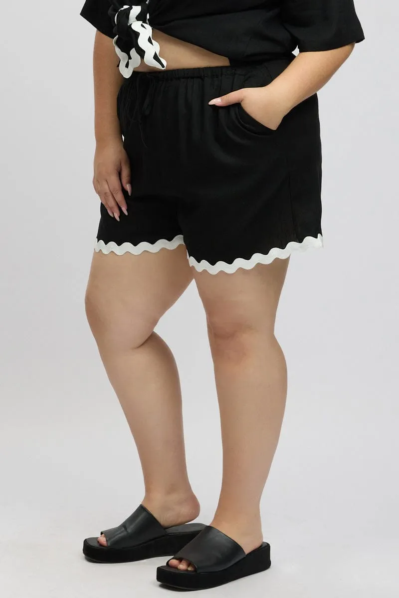 Black Ric Rac Trim Linen Blend Shorts Classic Fashion