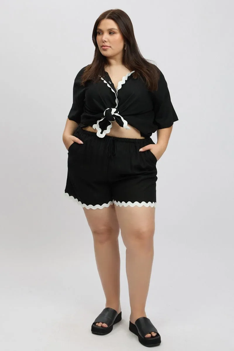 Lightweight Fabric Black Ric Rac Trim Linen Blend Shorts