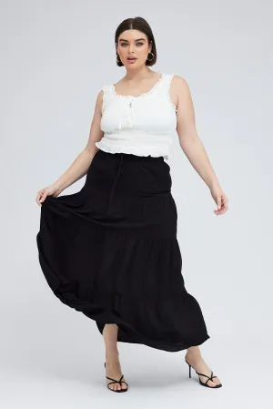 Black Maxi Skirt Tie Elastic Waist Textured Weekend Outfit