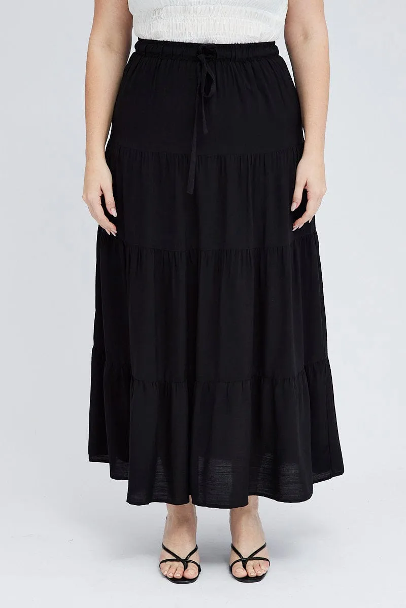 Black Maxi Skirt Tie Elastic Waist Textured Crisp Edge