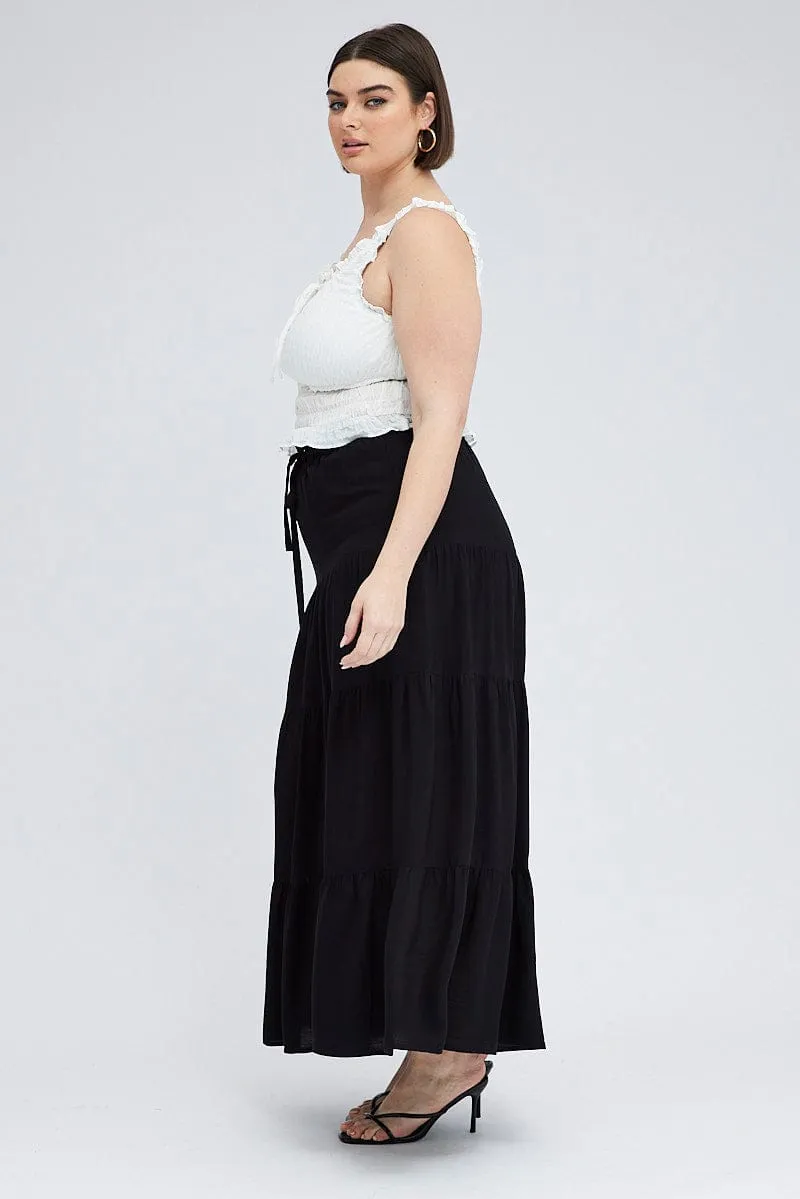 Black Maxi Skirt Tie Elastic Waist Textured Relaxed Look Soft Motion