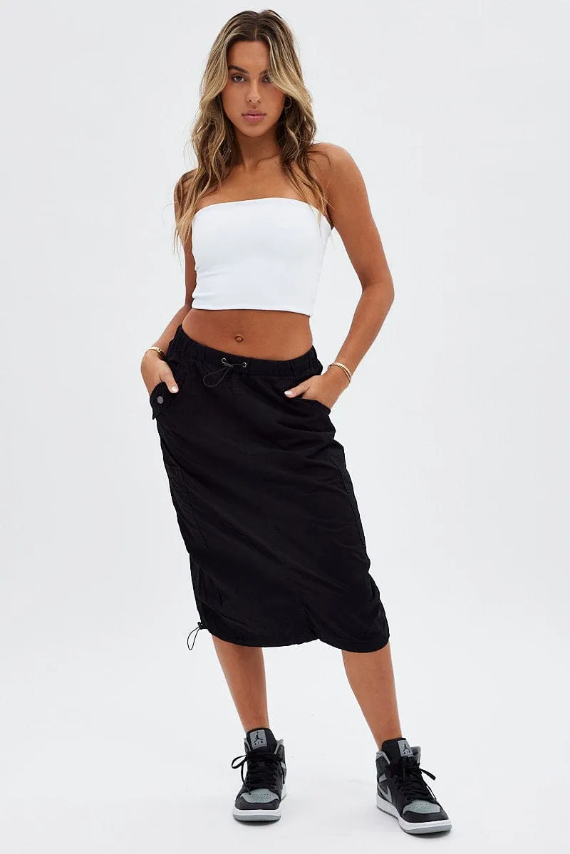 Weekend Ready Floral Pattern Black Midi Skirt Mid Rise Cargo Drawstring Elastic Waist