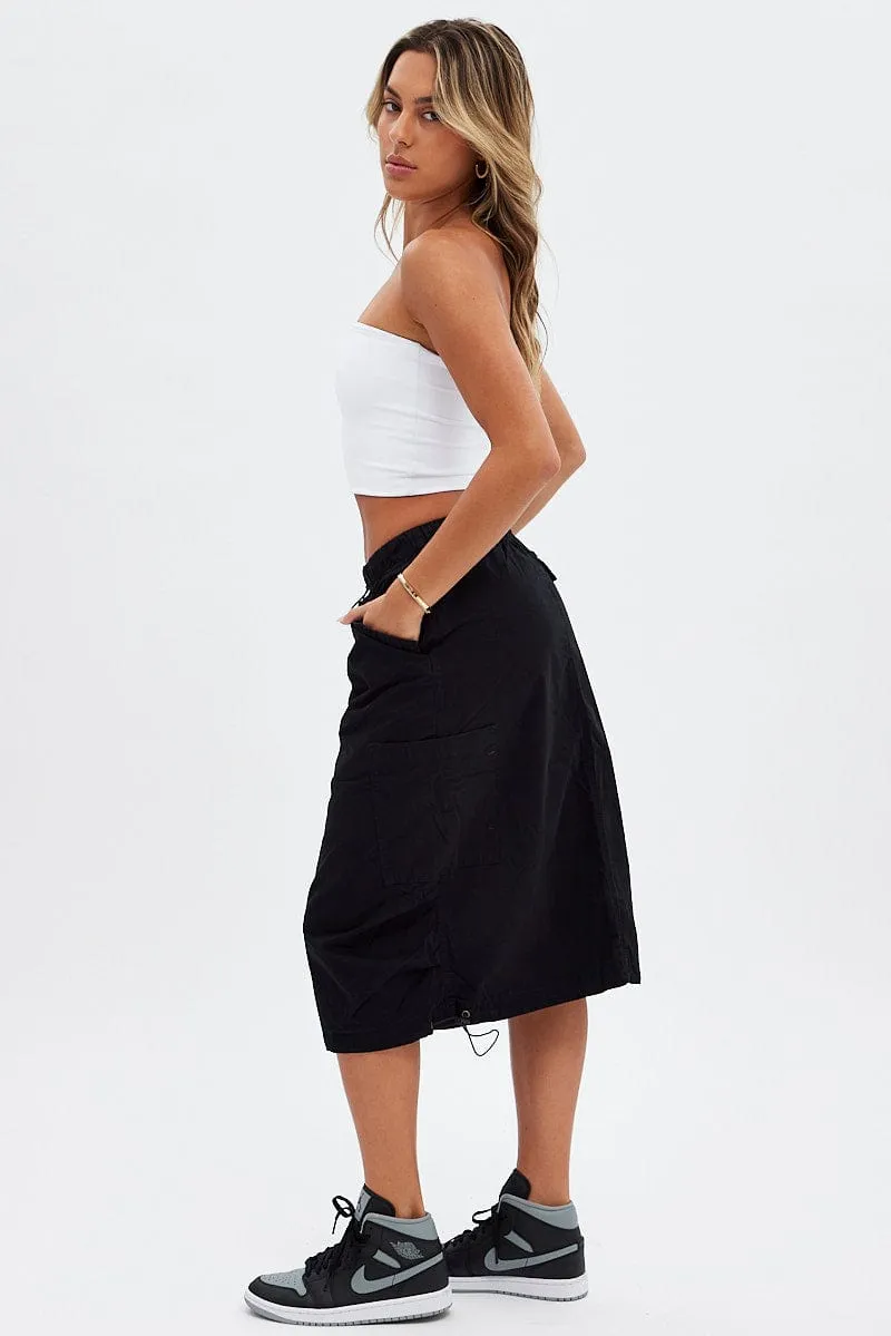 Black Midi Skirt Mid Rise Cargo Drawstring Elastic Waist Cruise Attire Craftsmanship Focus